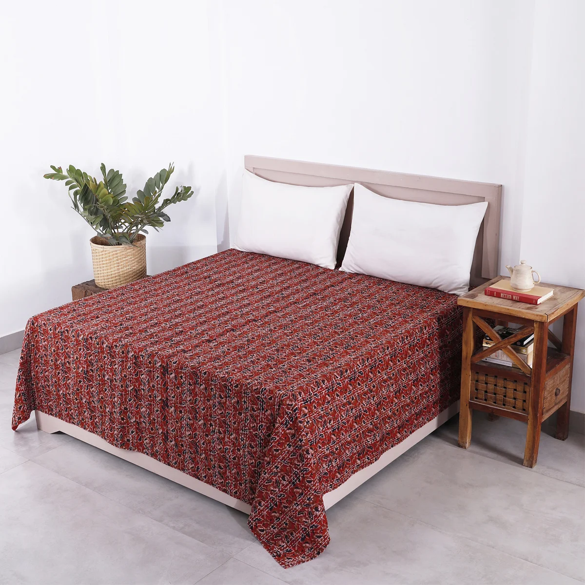 Red Floral Hand Block Printed Cotton Kantha Throw - Double bed Size Red Floral Hand Block Printed Cotton Kantha Throw - Double bed Size
