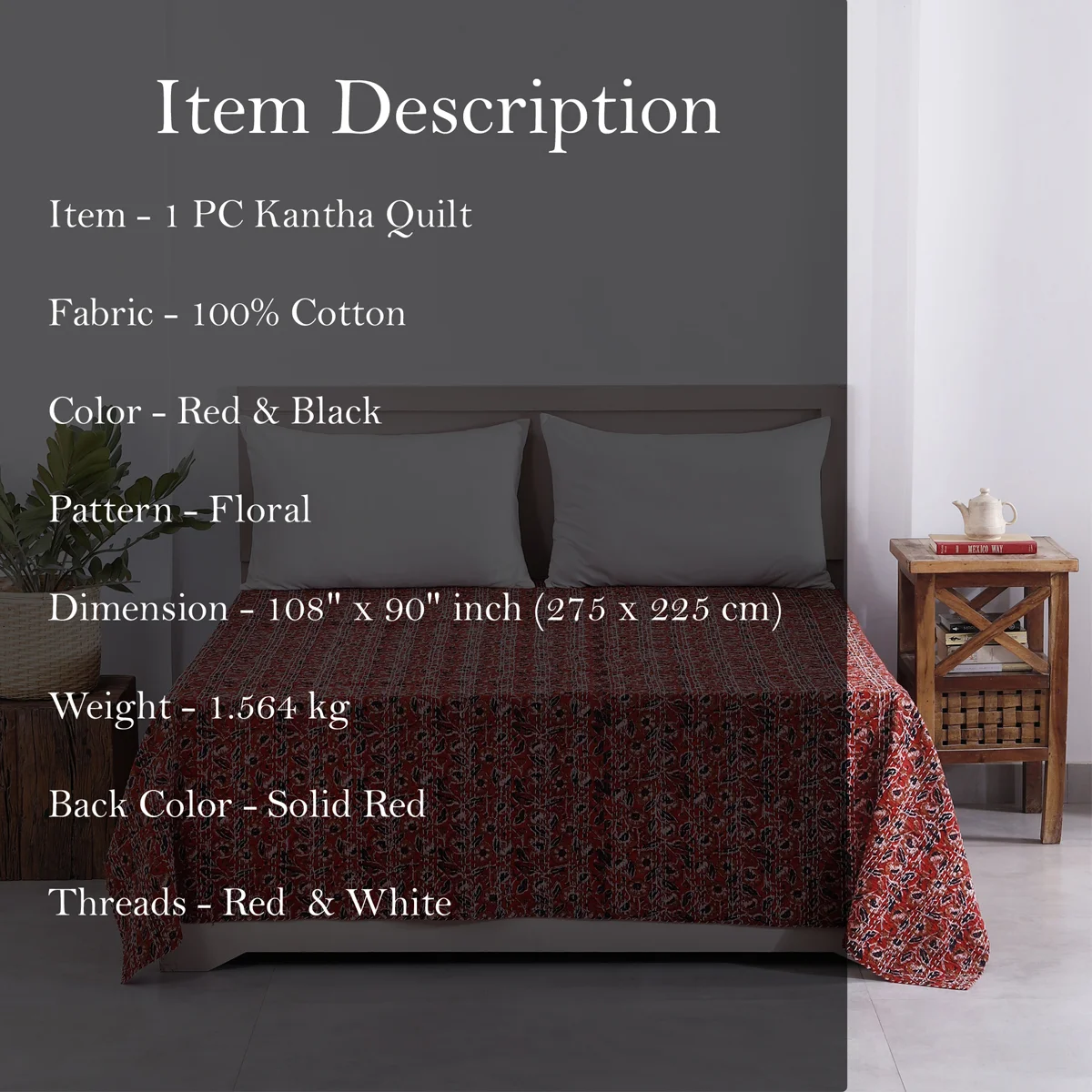 Red Floral Hand Block Printed Cotton Kantha Throw - Double bed Size Red Floral Hand Block Printed Cotton Kantha Throw - Double bed Size