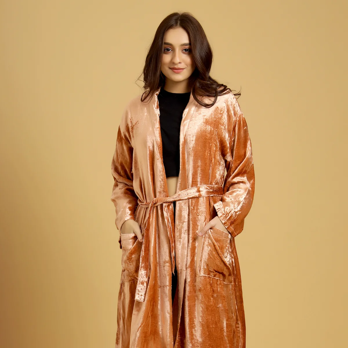 Terracotta Night Dress Crushed Velvet Crossover Robe Kimono