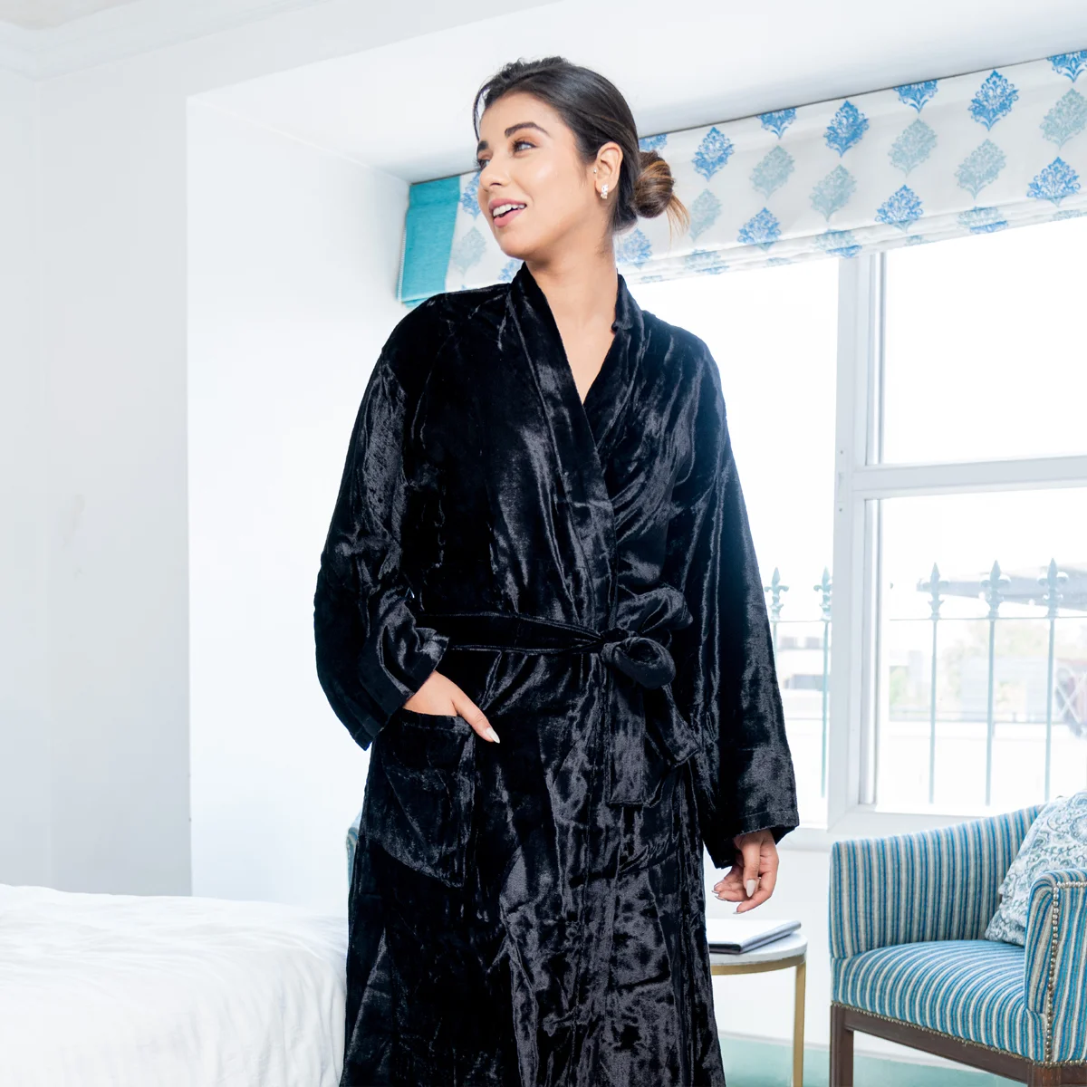Floral Pattern Kimono Robe Long Bathrobe For Women (Black) – Kreate