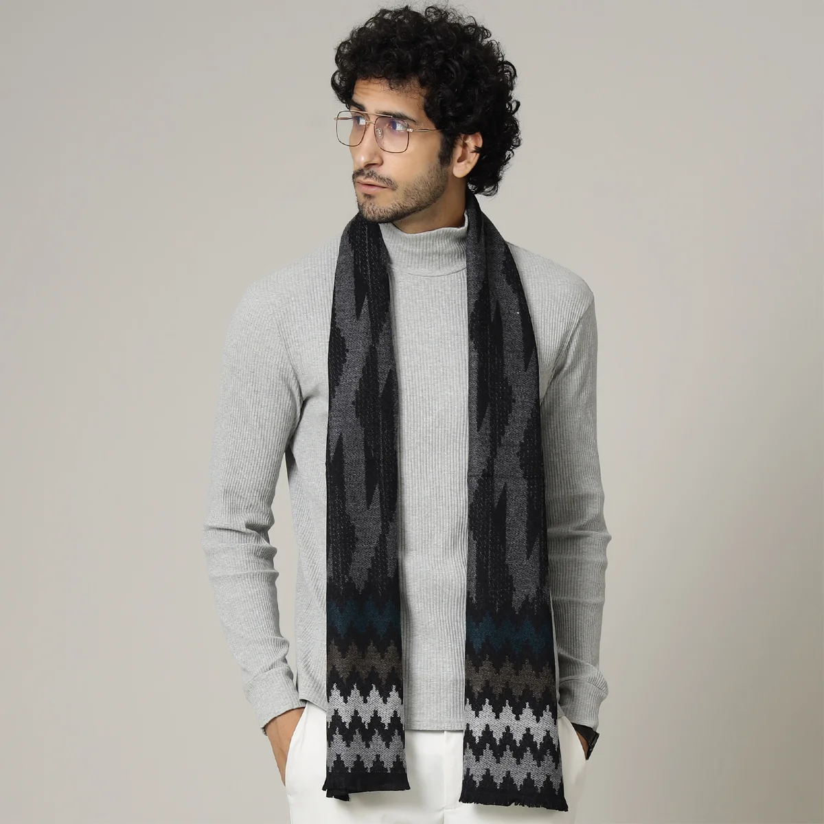 Men's Grey Ikat Wool Muffler For Winter's - Handicraft Palace