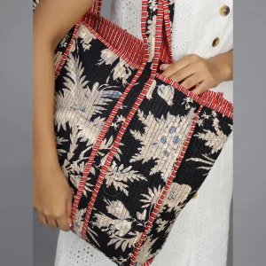 Black & Beige Floral Reversible Cotton Bag - Image 4