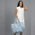 Blue Leaf & Floral Cotton Shoulder Bag - Image 3