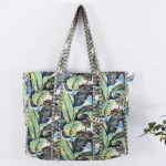 Green Leaf Print Cotton Beach Tote Bag
