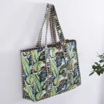 Green Leaf Print Cotton Beach Tote Bag - Image 2