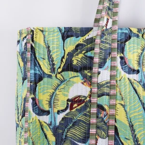 Green Leaf Print Cotton Beach Tote Bag - Image 3