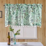 Green Floral Print Short Curtain With Pom Pom Lace