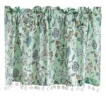 Green Floral Print Short Curtain With Pom Pom Lace - Image 3
