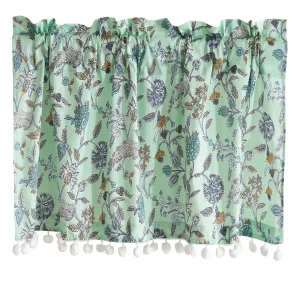 Green Floral Print Short Curtain With Pom Pom Lace - Image 3