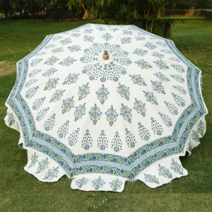Hand Block Blue Floral Printed Big Garden Umbrella - Image 3