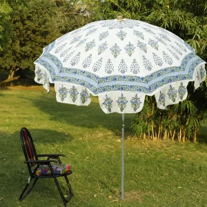 Hand Block Blue Floral Printed Big Garden Umbrella - Image 2