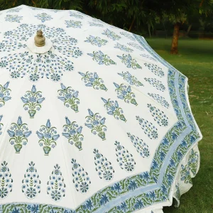 Hand Block Blue Floral Printed Big Garden Umbrella - Image 5