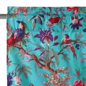 Turquoise Hand Block Bird Print Half Curtain - Image 3