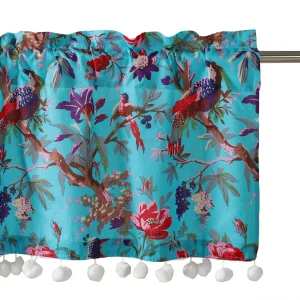 Turquoise Hand Block Bird Print Half Curtain - Image 4