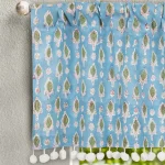 Turquoise Leaf Print Cotton Curtains Decor Pom Pom Lace - Image 2