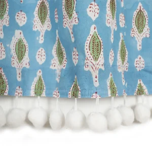 Turquoise Leaf Print Cotton Curtains Decor Pom Pom Lace - Image 3