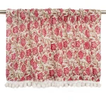 White Pink Floral Print Kitchen Curtain With Pom Pom Lace - Image 2