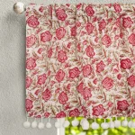 White Pink Floral Print Kitchen Curtain With Pom Pom Lace