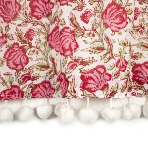 White Pink Floral Print Kitchen Curtain With Pom Pom Lace - Image 3