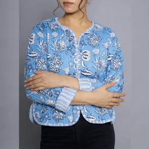 Blue Floral Print Machine Quilted Jacket - Image 4