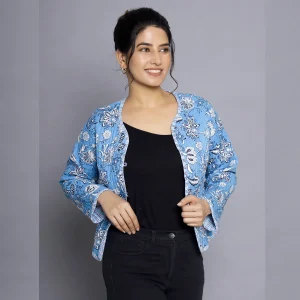 Blue Floral Print Machine Quilted Jacket - Image 5
