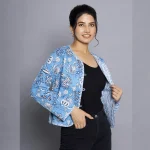 Blue Floral Print Machine Quilted Jacket