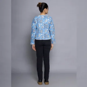 Blue Floral Print Machine Quilted Jacket - Image 8