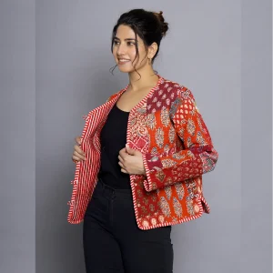Winter Long Sleeves Red Patchwork Quilted Jacket - Image 3