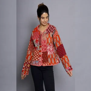 Winter Long Sleeves Red Patchwork Quilted Jacket - Image 5