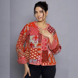 Winter Long Sleeves Red Patchwork Quilted Jacket - Image 6
