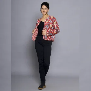 Women Red Floral Reversible Cotton Jacket - Image 10