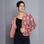 Women Red Floral Reversible Cotton Jacket - Image 3