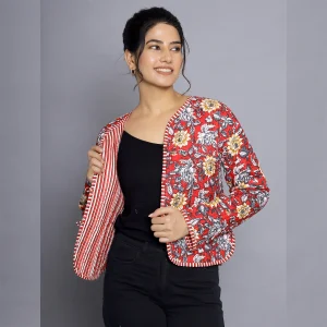 Women Red Floral Reversible Cotton Jacket - Image 3