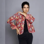 Women Red Floral Reversible Cotton Jacket - Image 5