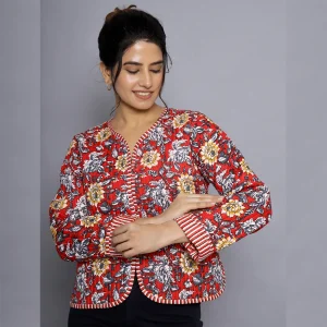 Women Red Floral Reversible Cotton Jacket - Image 6