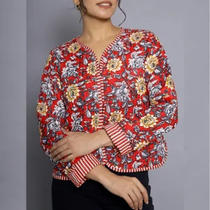 Women Red Floral Reversible Cotton Jacket - Image 7