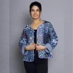 Women's Blue Patchwork Cotton Jacket - Image 2