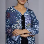 Women's Blue Patchwork Cotton Jacket - Image 4