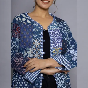 Women's Blue Patchwork Cotton Jacket - Image 4