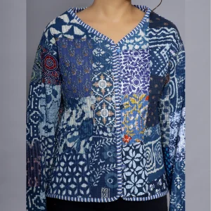 Women's Blue Patchwork Cotton Jacket - Image 6