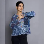 Women's Blue Patchwork Cotton Jacket - Image 3