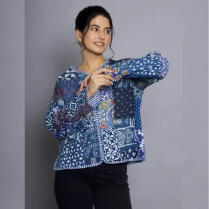 Women's Blue Patchwork Cotton Jacket - Image 3