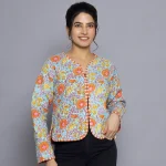Women's Turquoise Floral Cotton Quilted Jacket - Image 2