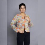 Women's Turquoise Floral Cotton Quilted Jacket - Image 3