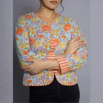 Women's Turquoise Floral Cotton Quilted Jacket - Image 4