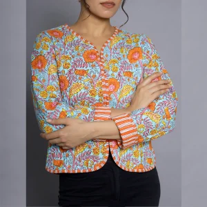Women's Turquoise Floral Cotton Quilted Jacket - Image 4