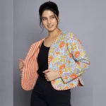Women's Turquoise Floral Cotton Quilted Jacket