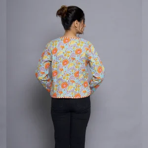 Women's Turquoise Floral Cotton Quilted Jacket - Image 8