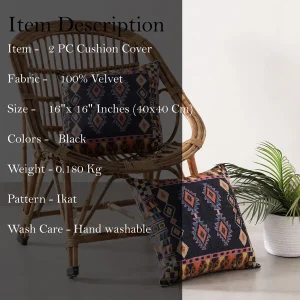 16" Black Ikat Print Velvet Cushion Cover Set - Image 6