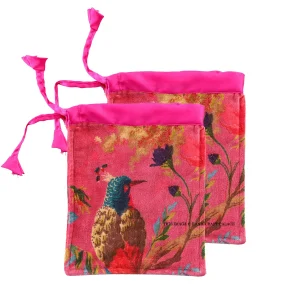 2 PC Indian Pink Bird Hand Printed Velvet Hand Bags - Image 4